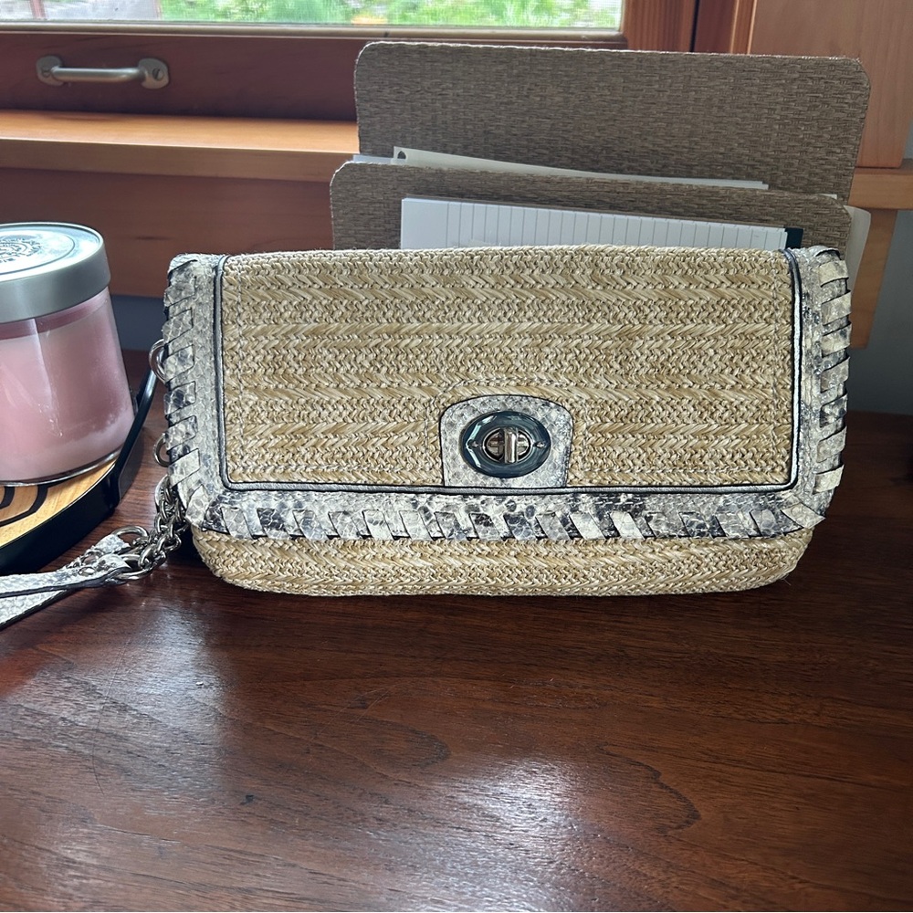Coach Hampton Straw & Python Leather Trim Clutch … - image 1